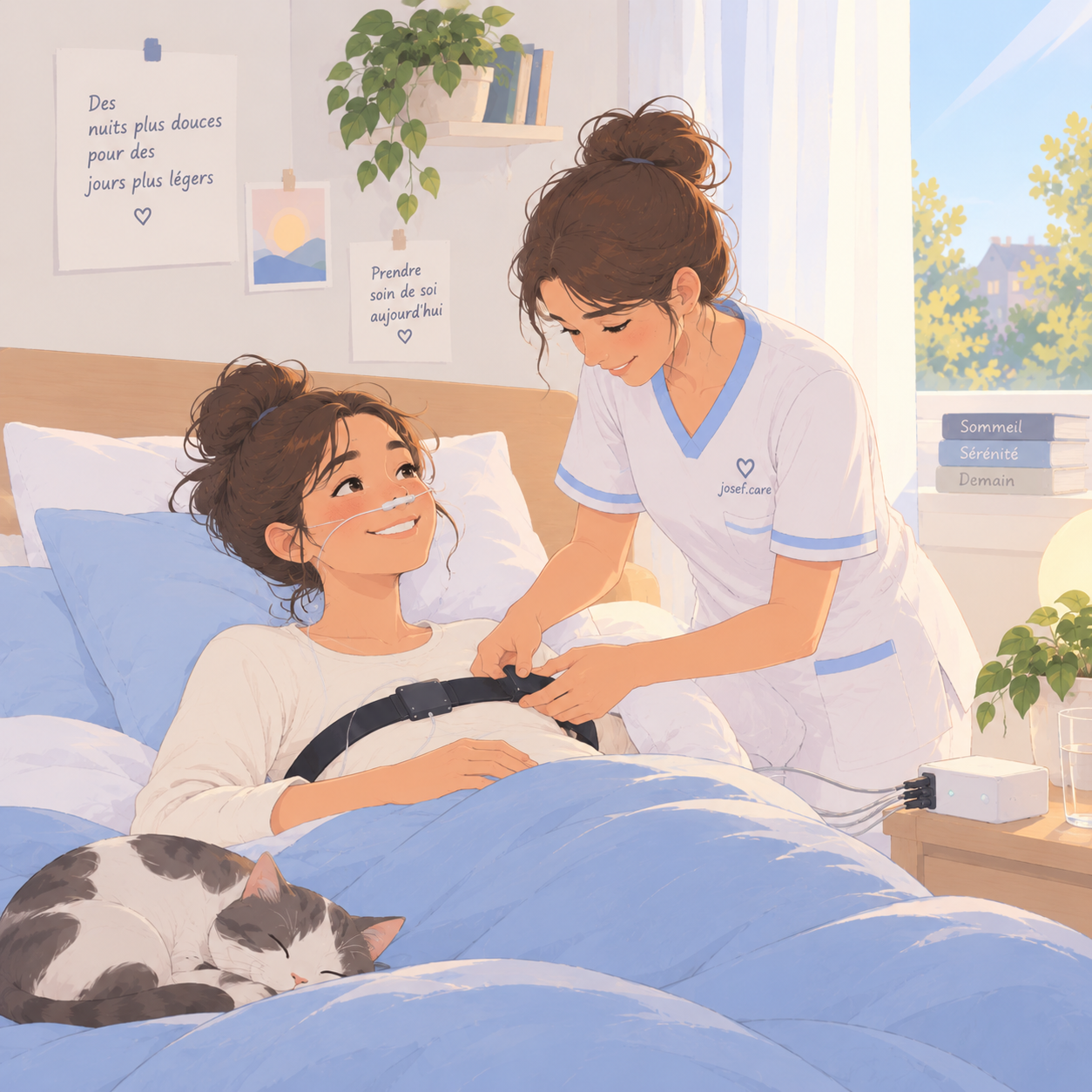Infirmière accompagnant une patiente lors de la pose d’un appareil de polygraphie du sommeil à domicile